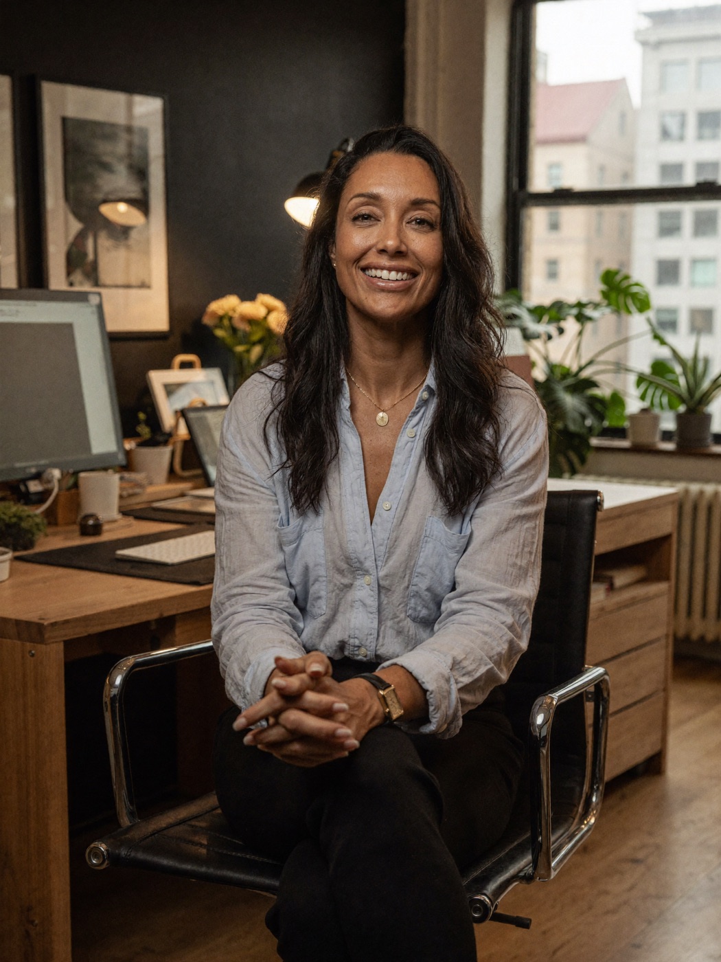 Jacqueline Emberson, founder of Emberson Marketing, seated at her desk